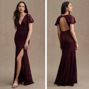 NEW BHLDN Juliet Short-Sleeve V-Neck Lace Gown Wine Red Cottagecore Romantic